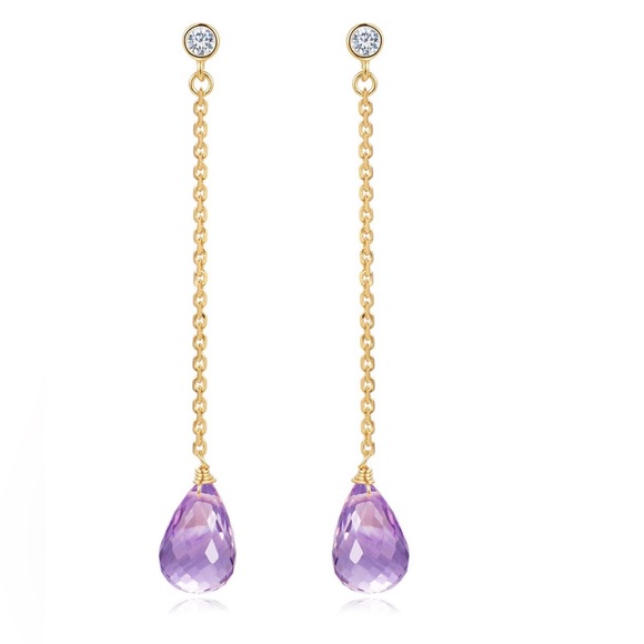 piara Jewelry - Piara Genuine Amethyst Teardrop Dangle Drop Earrings Handmade 18K